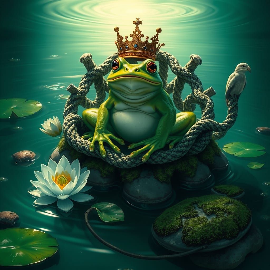 Majestic Frog Monarch Reigns in Serene Pond Paradise