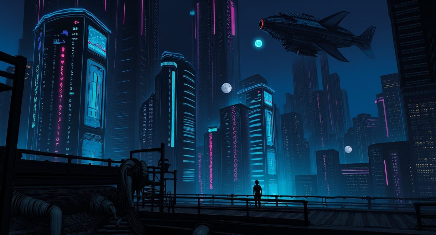 Futuristic Cyberpunk Cityscape at Night with Neon Lights