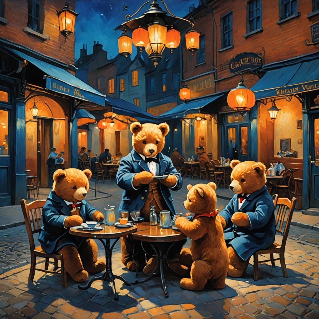 Teddy Bears at Cafe: Impressionist Street Scene