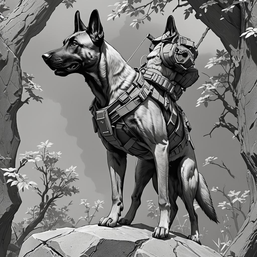 Military Malinois Climbing: Black and White Anime Outline