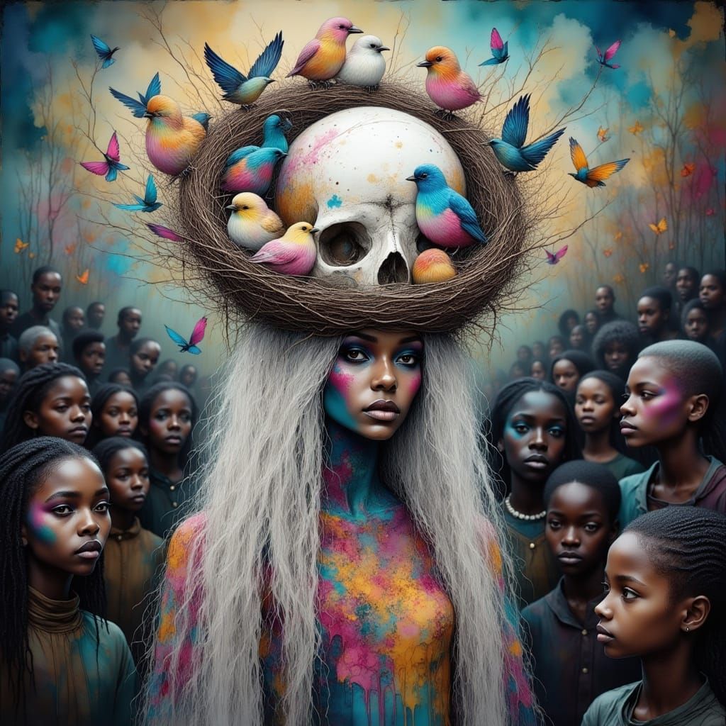 Albino Woman with Freedom Hairstyle, Surreal Scene