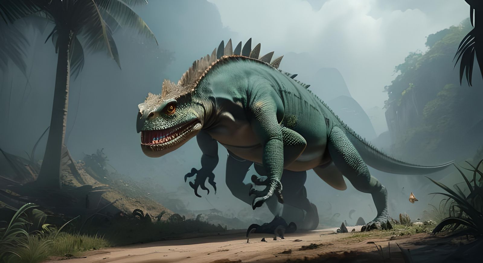 Iguana T-Rex Hybrid in Jungle: Detailed Matte Painting