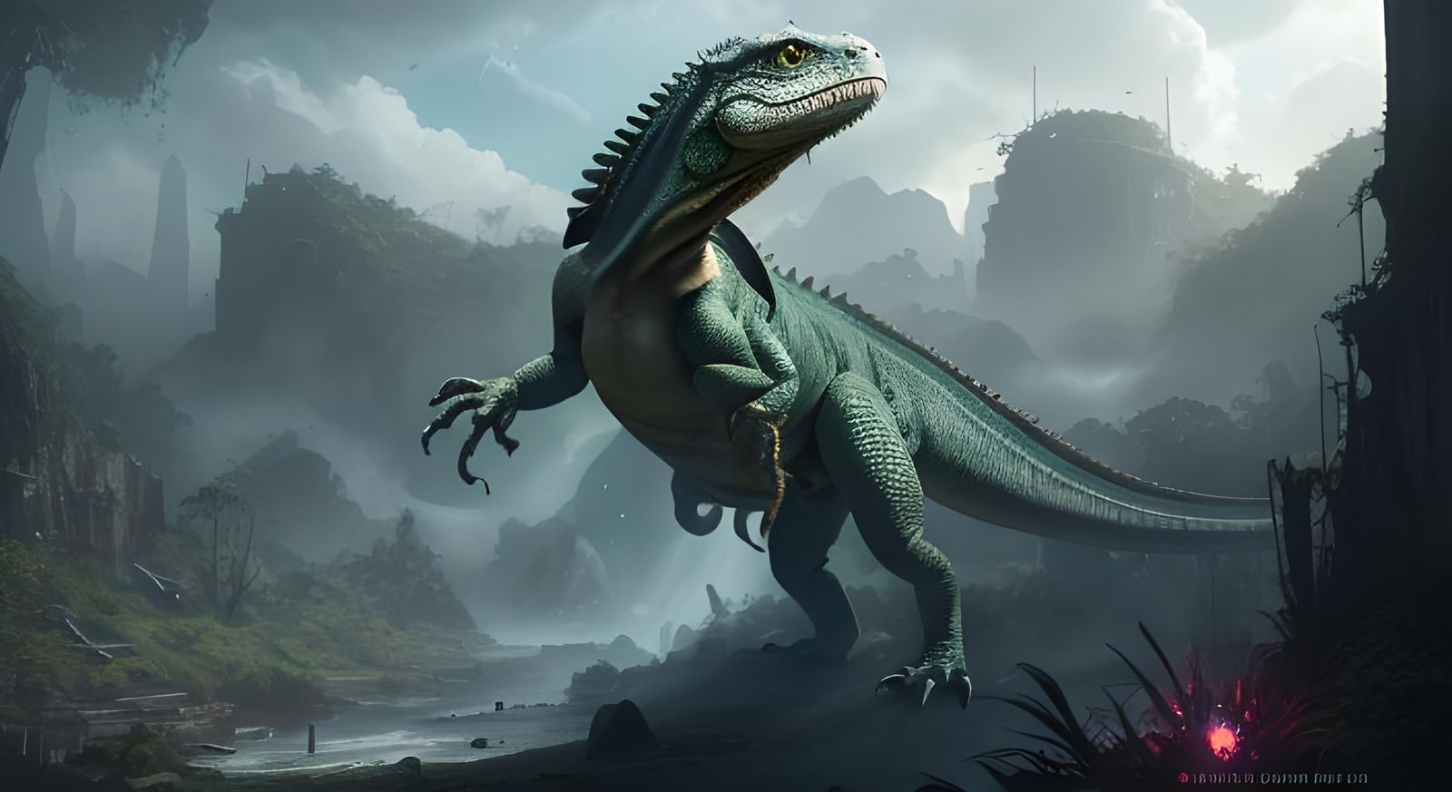 Iguana-Rex Hybrid in Lush Jungle, Detailed Digital Painting