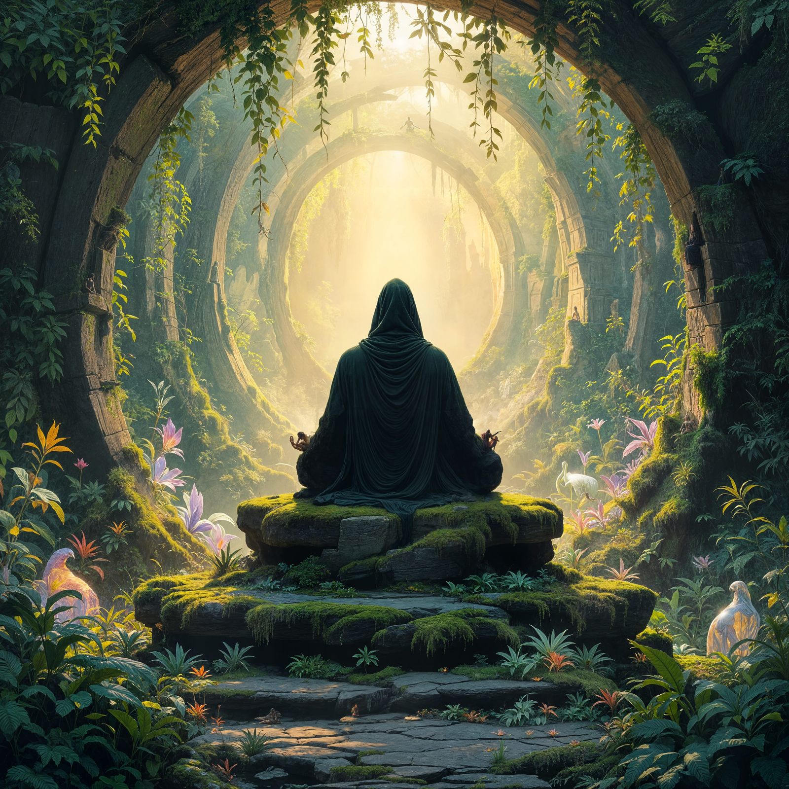 A solitary figure meditating atop a moss-covered ancient ruin, surrounded by a surreal tunnel of glowing flora and fauna...