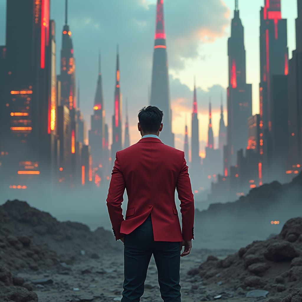 Ambitious Entrepreneur in Dystopian Future Landscape