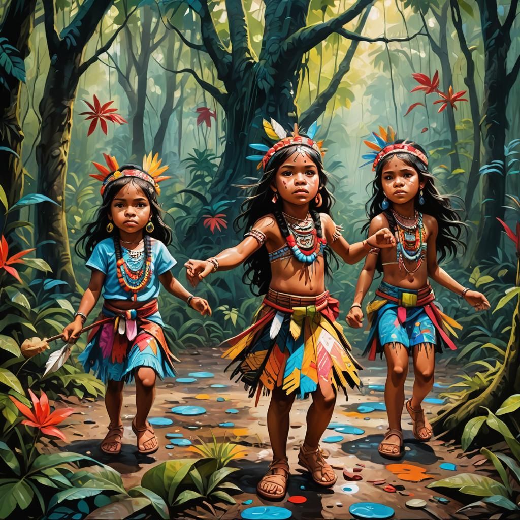 Taino Princesses Play in Forest: Graffiti Art Style
