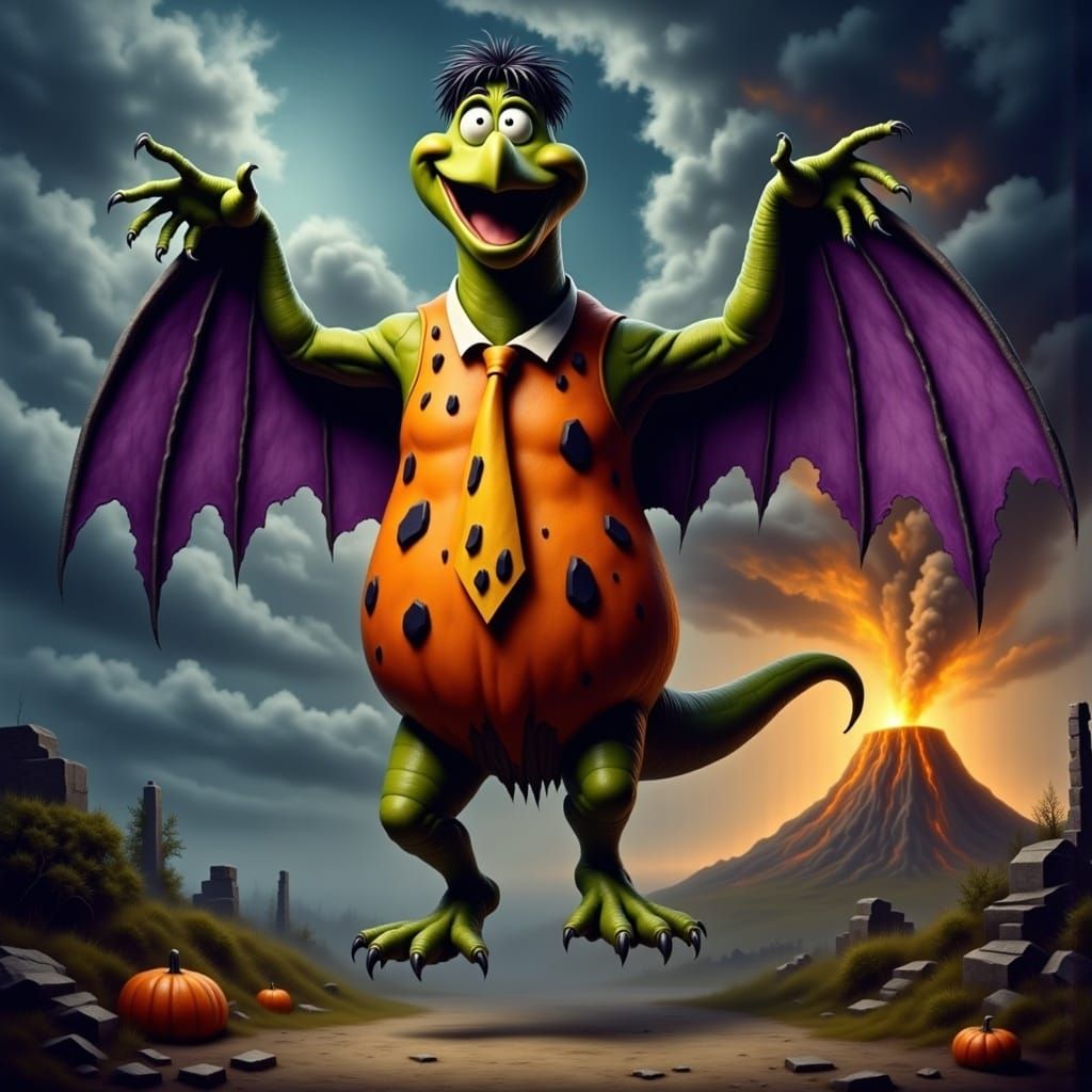 Fred Flintstone Transforms into Pterodactyl in Miyazaki Styl...