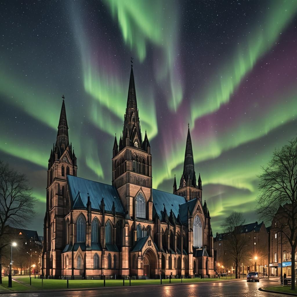 Glasgow Cathedral Under Northern Lights: Digital Matte Paint...
