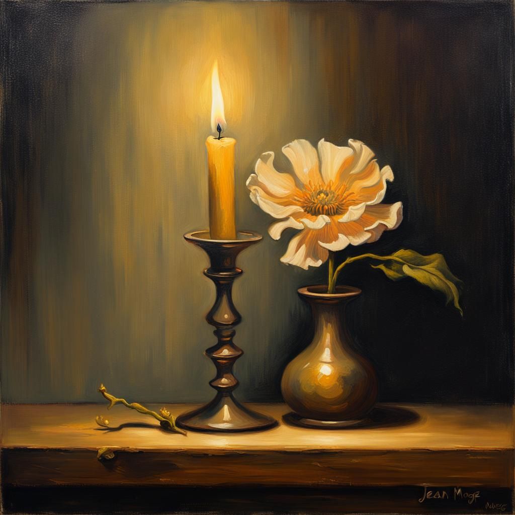 Lonely Flower and Candle in Impressionistic Oil Painting