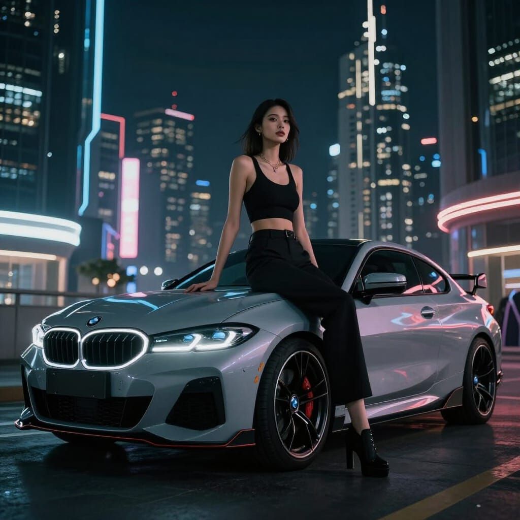 Cyberpunk Woman on Futuristic BMW at Night