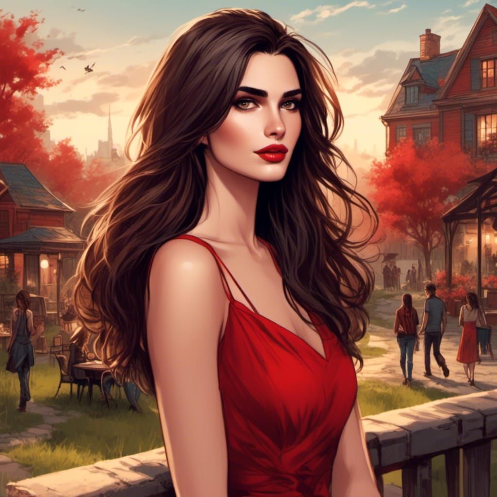 Woman with Long Hair in Red Dress in Park