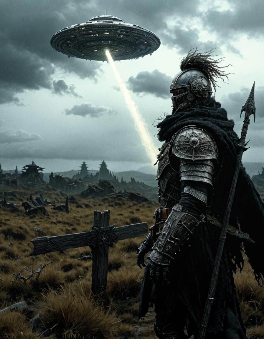 UFO with Ancient Engravings over Burning Field