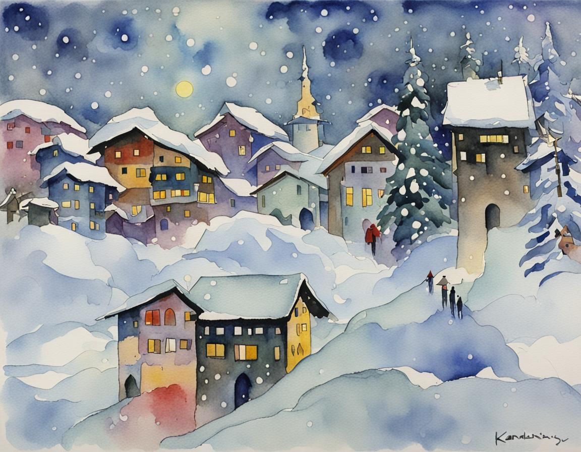 Abstract Alps Snowfall: Kandinsky Watercolor Style