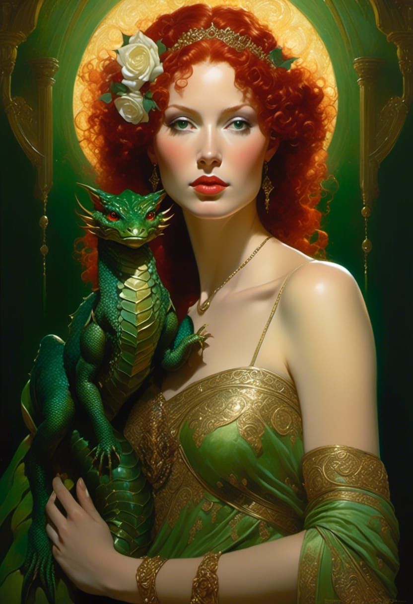 Red-Haired Goddess with Dragon, Hyperrealistic Art