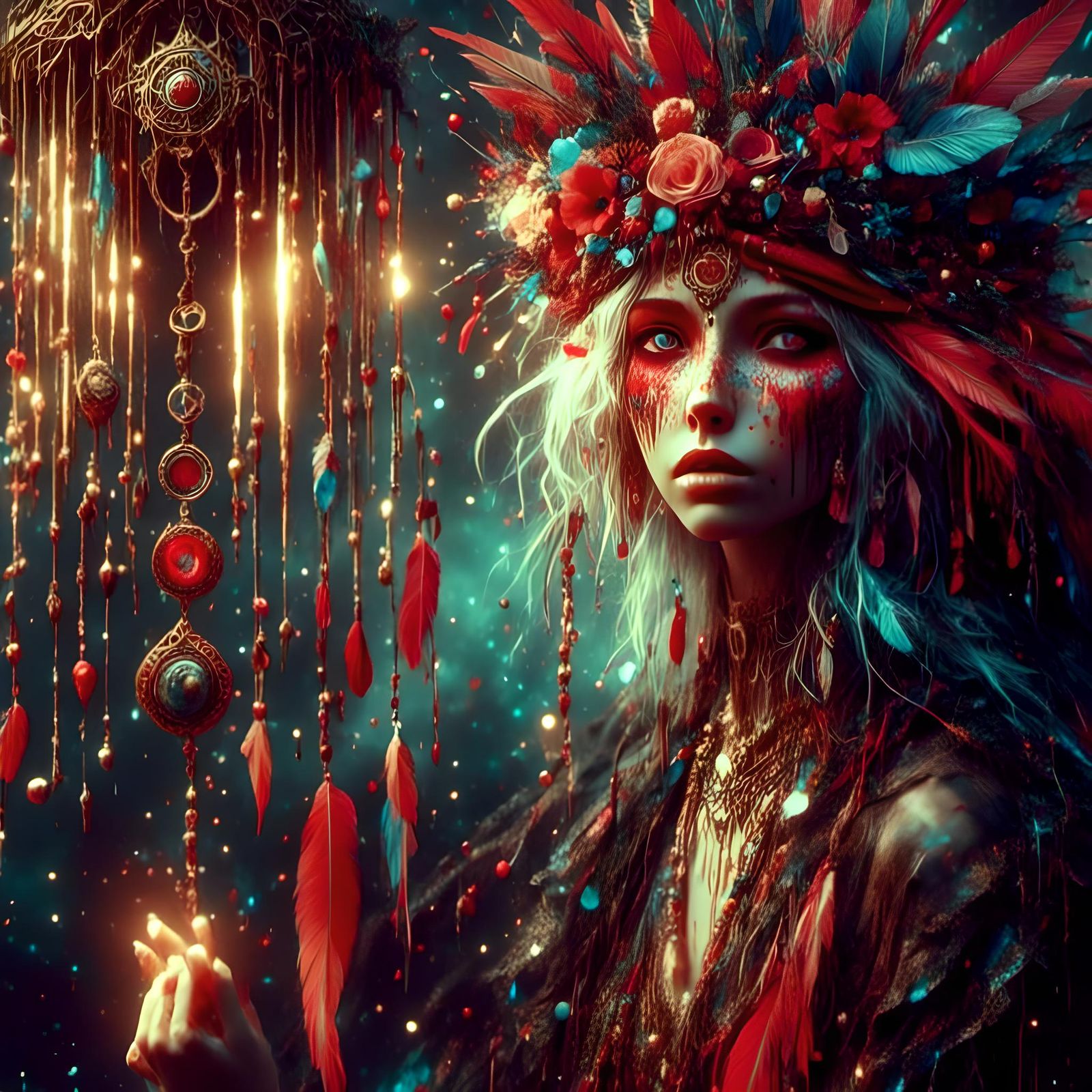 Red Indian Girl Portrait with Wind Chimes