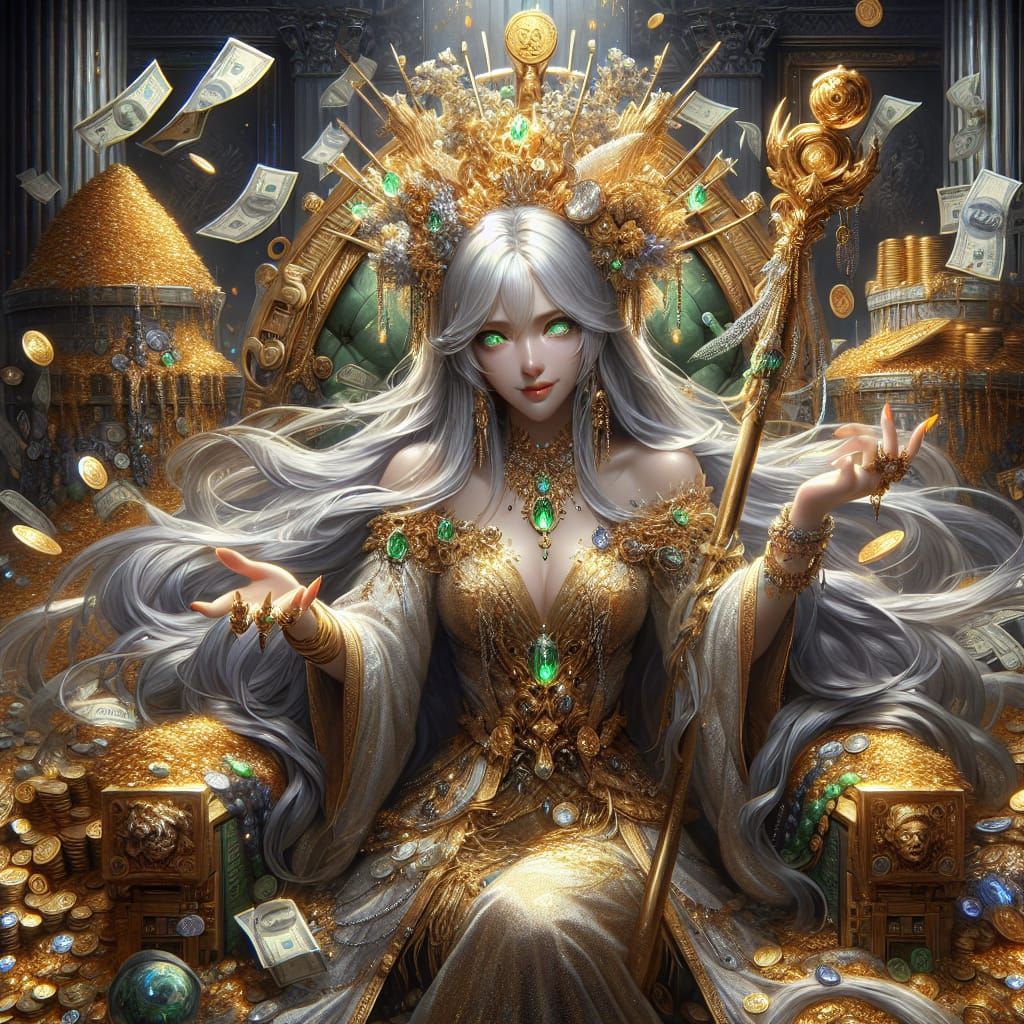 Queen of Wealth in Opulent Treasure Chamber