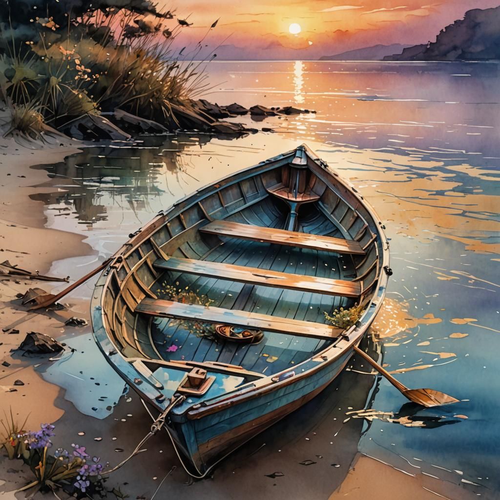 Rowboat at Sunset: Digital Watercolor Summerscape