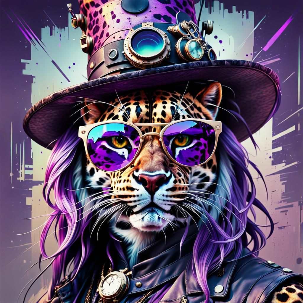 Glitch Art Leopard Portrait in Cyberpunk Style
