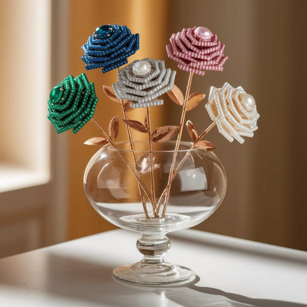 Luxurious Glass Vase Filled with Exquisite Gemstone Roses in...