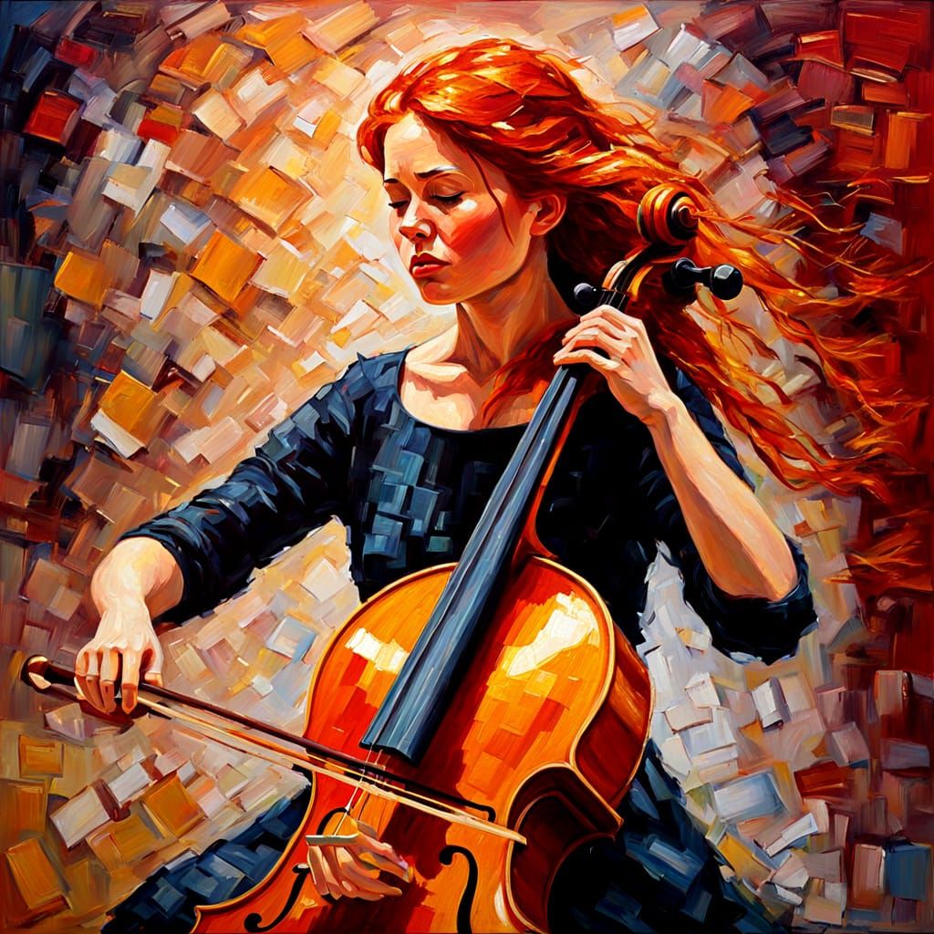 Red-Haired Cellist in Expressive Oil Painting