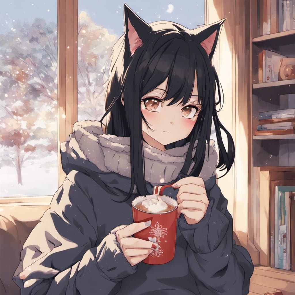 Anime Catgirl Drinking Cocoa in Sweater