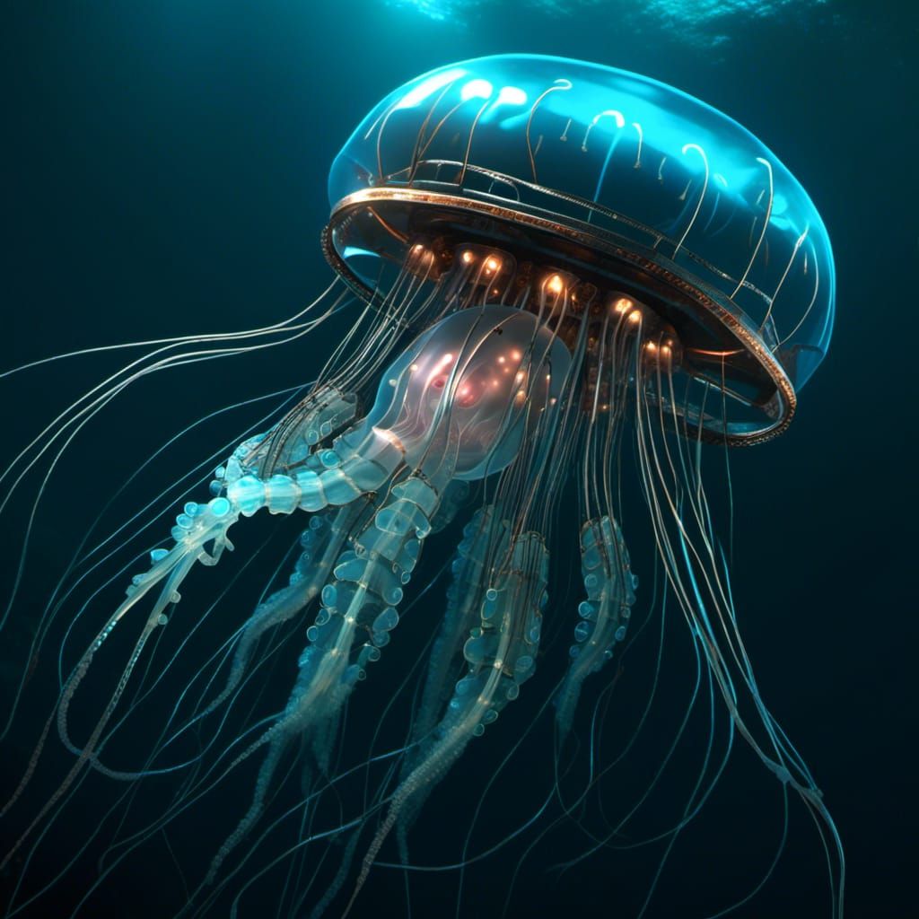 Surreal Cybernetic Jellyfish in Bioluminescent Deep Sea