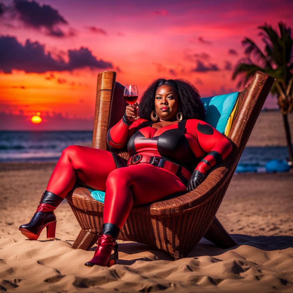 Plus Size Deadpool Sipping Wine at Sunset