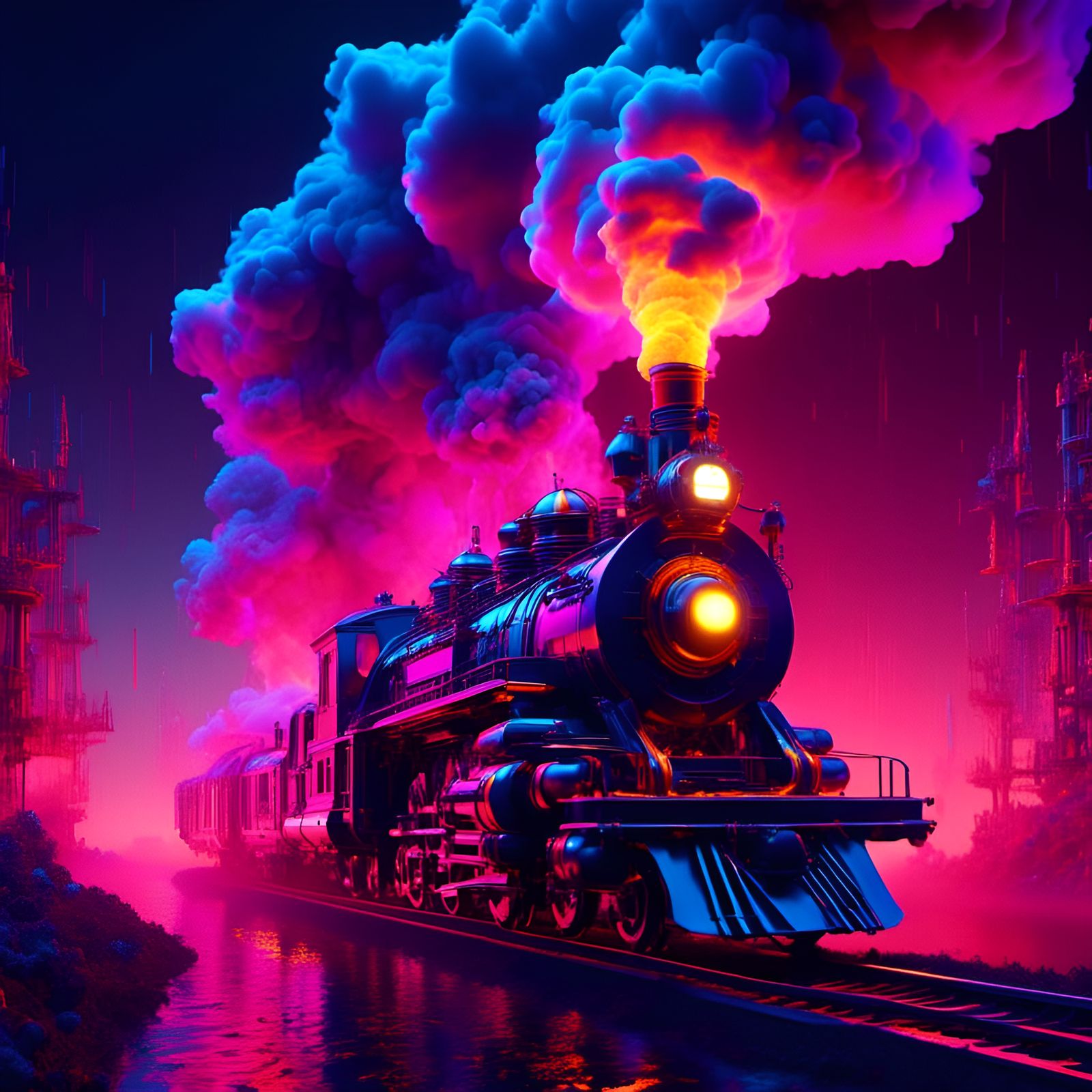 Futuristic Neon Steam Train with Colored Smoke