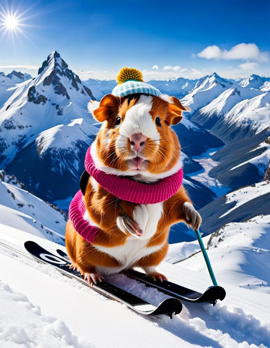 Guinea Pig Skier on Snowy Mountain