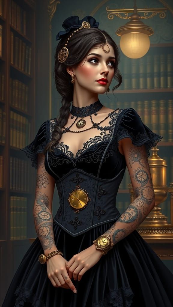 Steampunk Noblewoman in Elegant Gown and Clockwork Tattoos