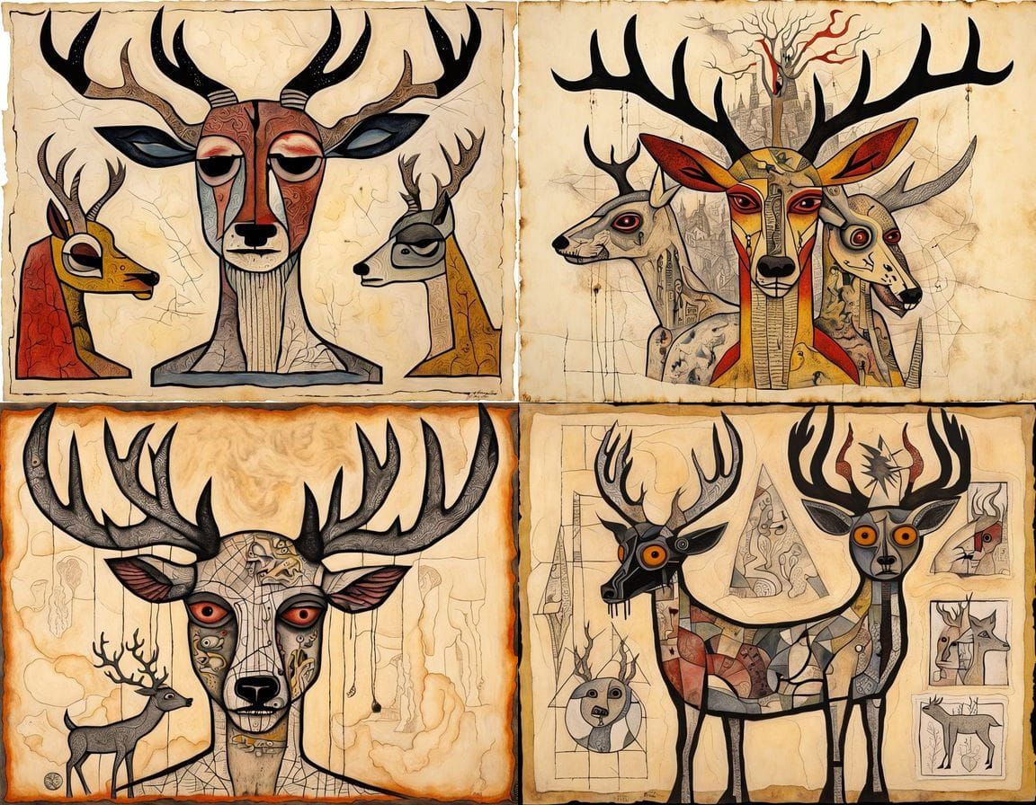 Mythical Mutant Deer in Mixed Media Collage