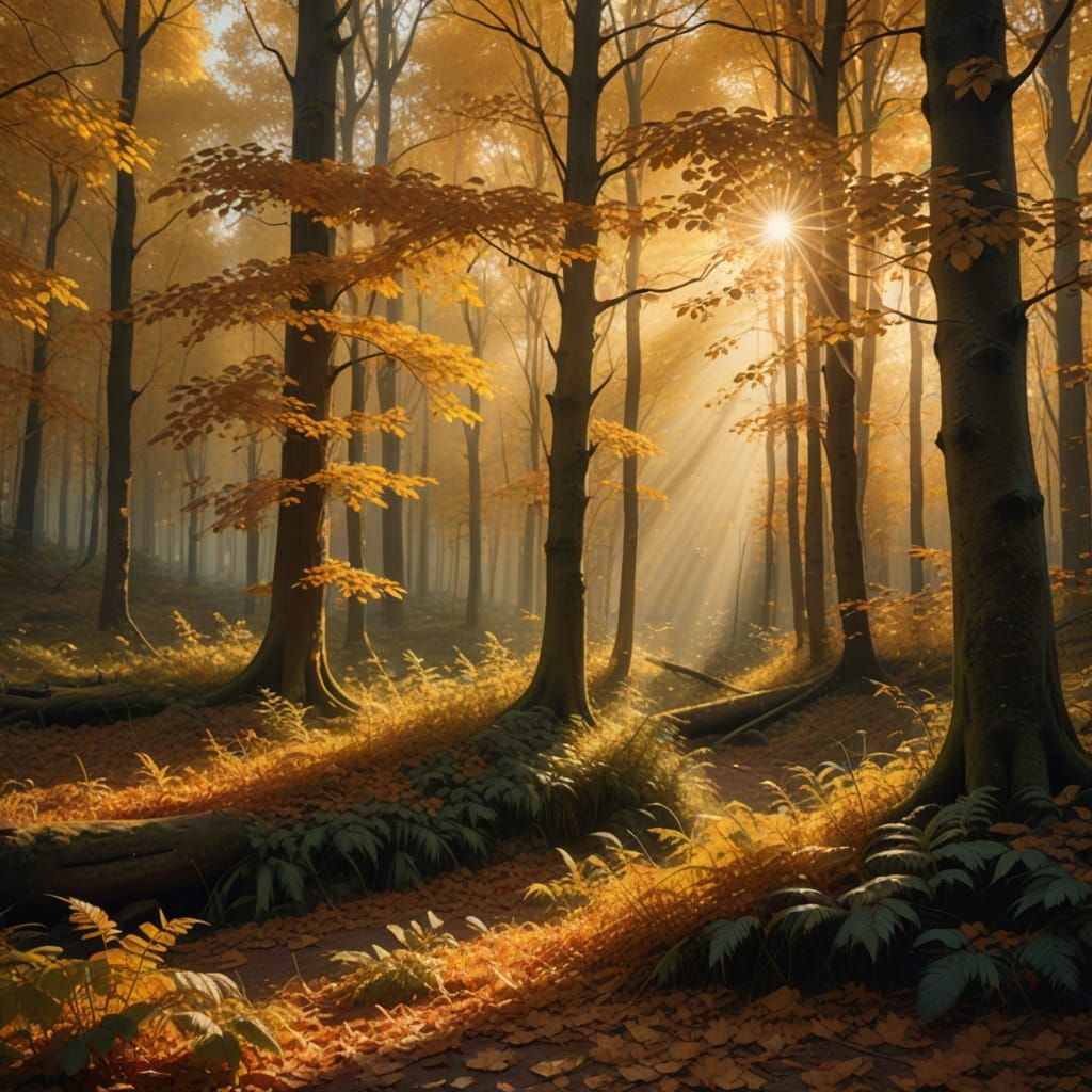 Divine Autumn Forest Bathed in Golden Sunshine