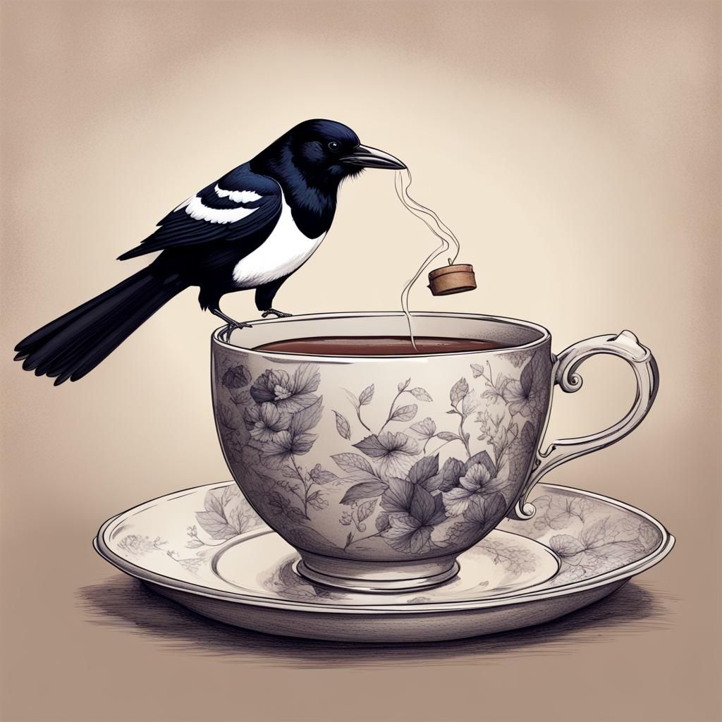 Magpie Bird Enjoying a Cup of Tea