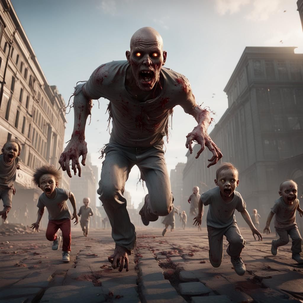 Zombies Fleeing a Giant Toddler in 3D