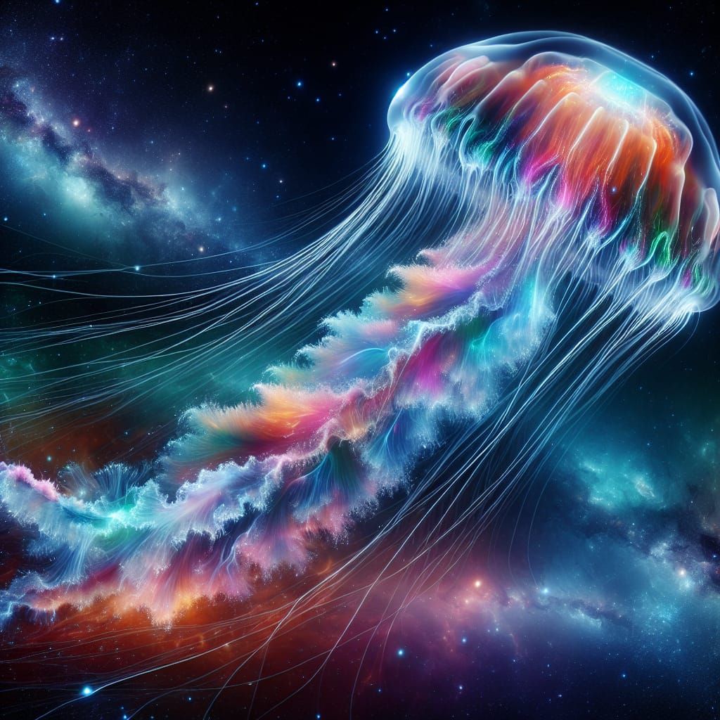 Giant Neon Jellyfish Drifting Through the Cosmos