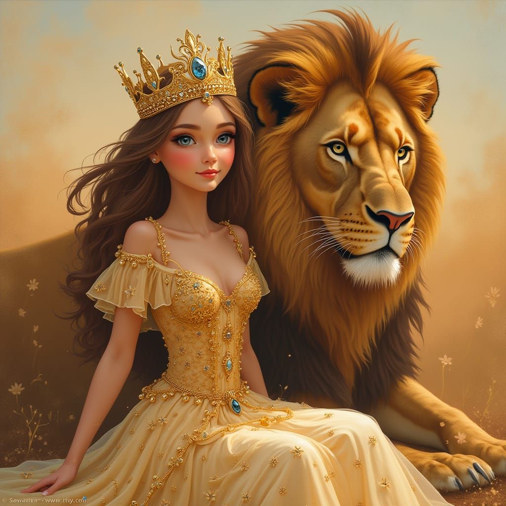 Regal Queen Surrounded by a Majestic Lion in a Whimsical Sav...