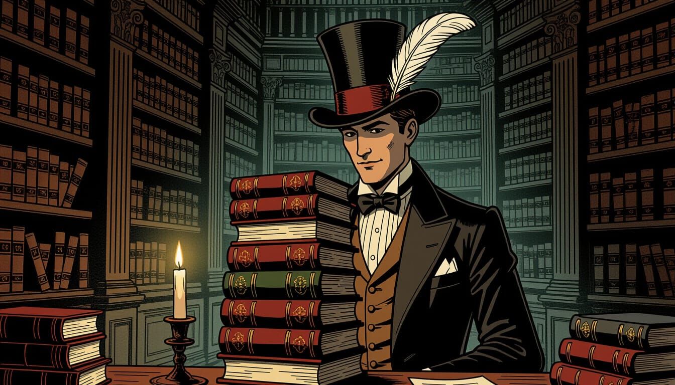 Dapper Gentleman with Book Hat in Old Library