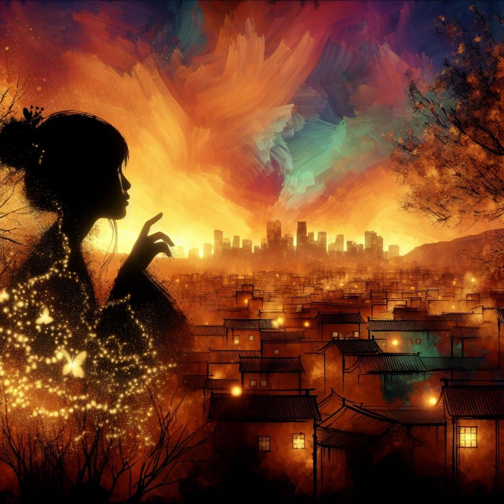 Silhouette Girl in Autumn Cityscape with Golden Sparkles