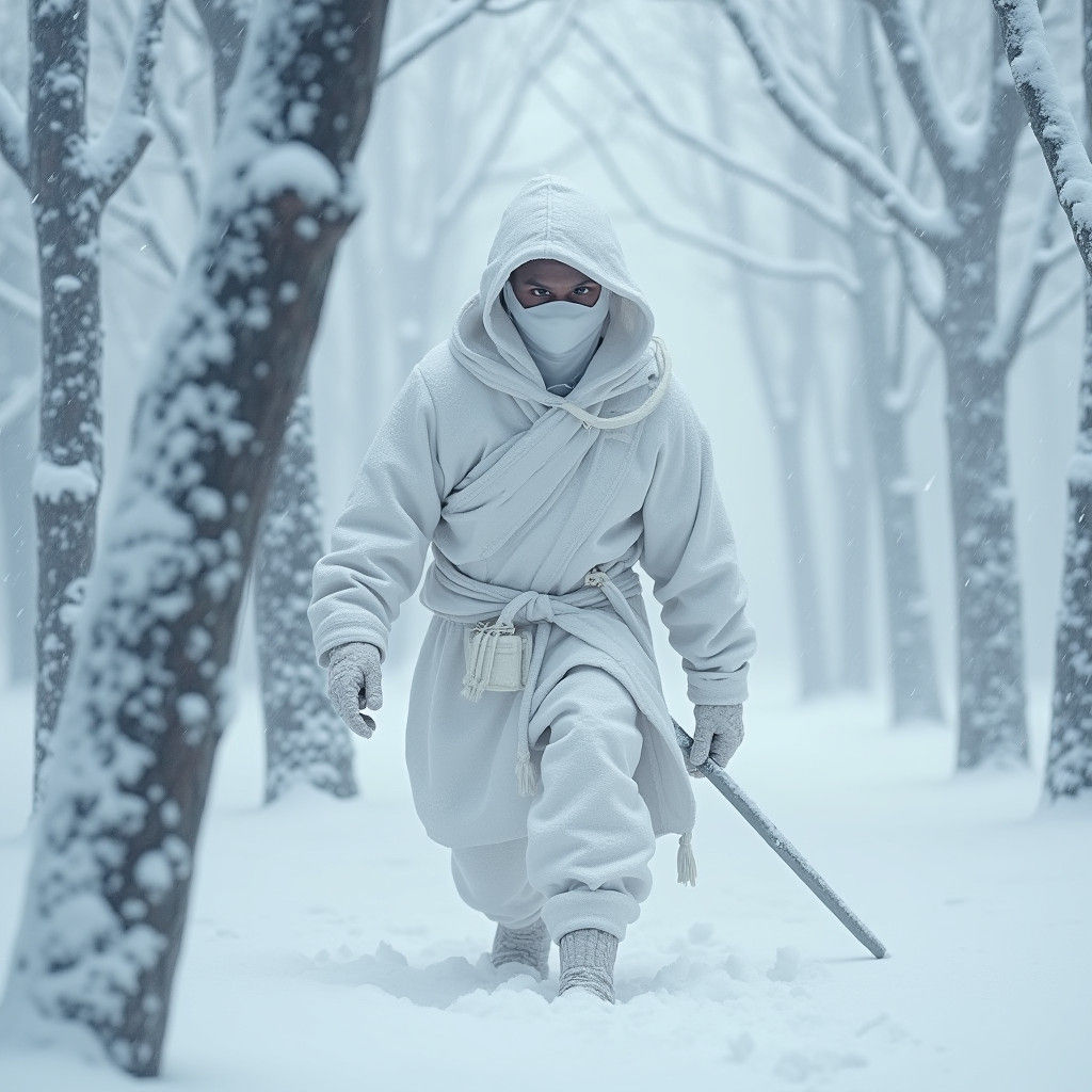 Snow Ninja in Winter Blizzard: Realistic Rendering