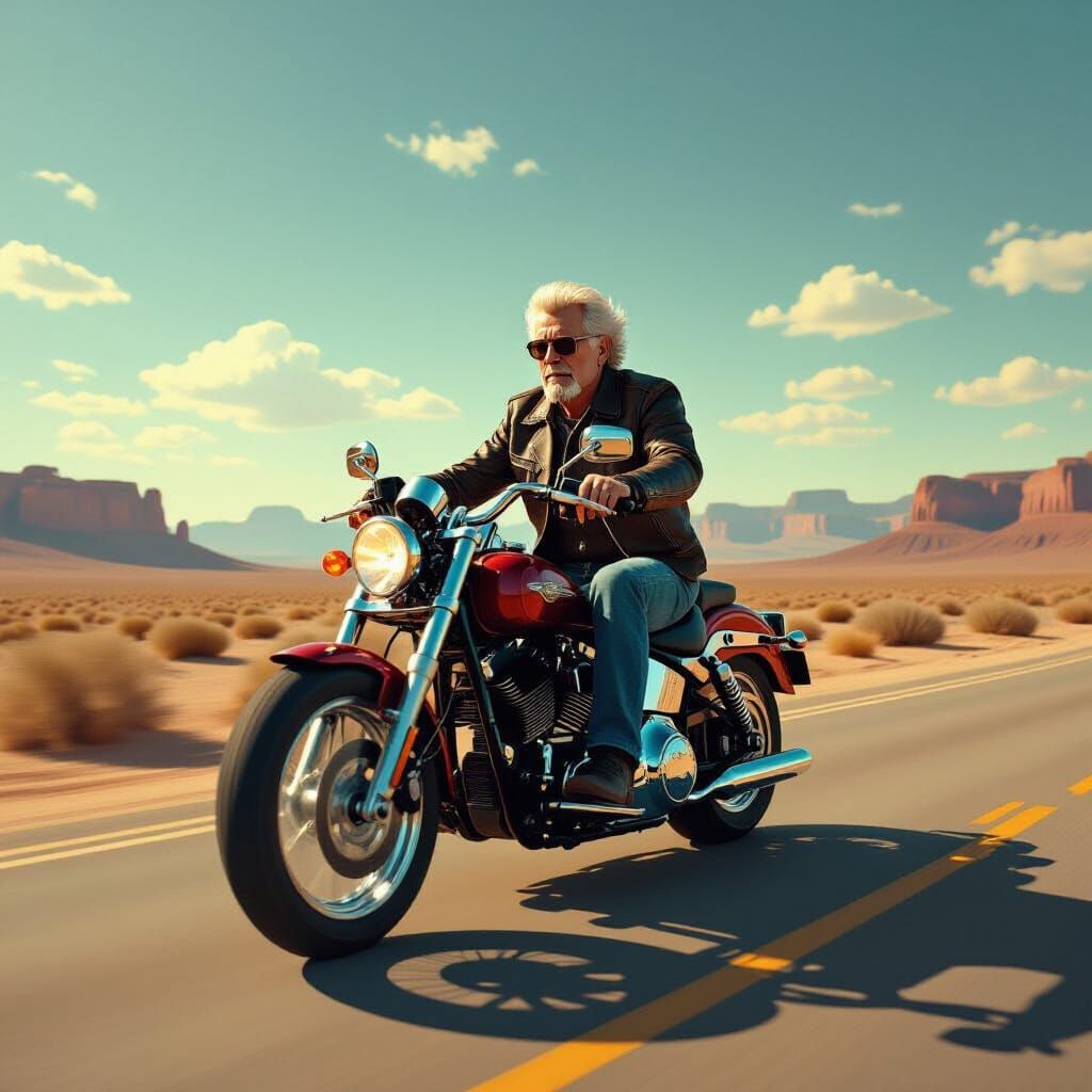 Stephen King Rides Motorcycle in Ominous Desert Landscape
