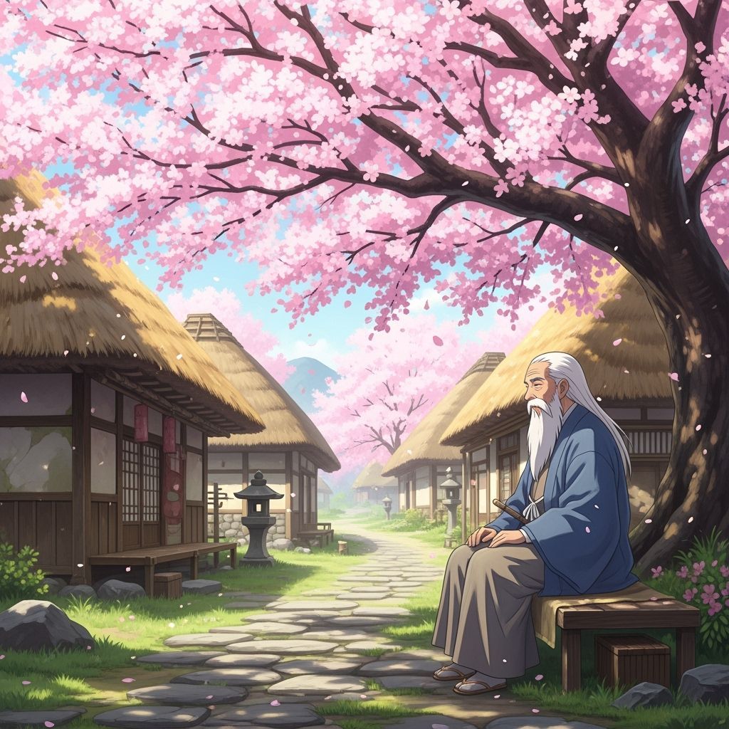 Anime Elder Under Cherry Blossom Tree in Ghibli Style