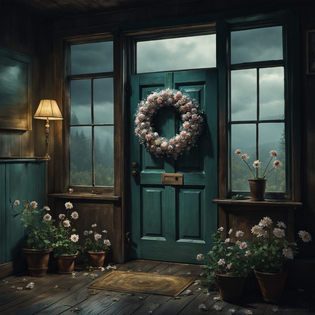 Intricate, detailed glass flower wreath on an old wooden doo...