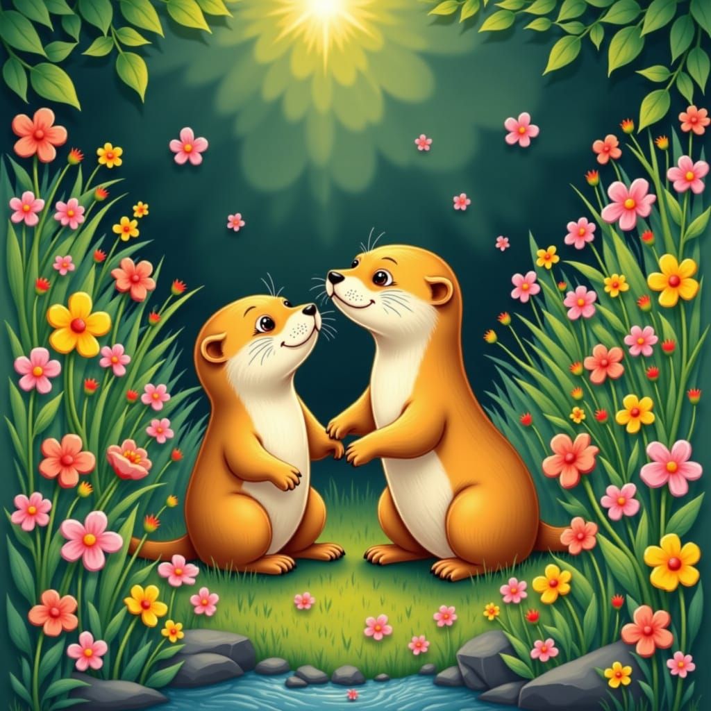 Whimsical Otter Couple in Sunny Meadow