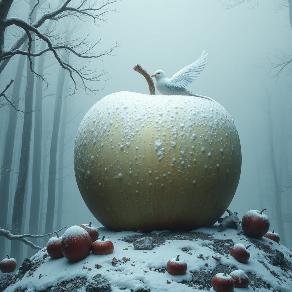 Hyperrealistic Beauty Sits on a Majestic Apple in a Foggy Fo...