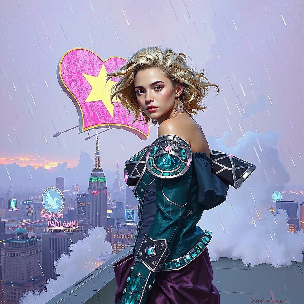 Jeweled Warrior on Rooftop Overlooking Neon City