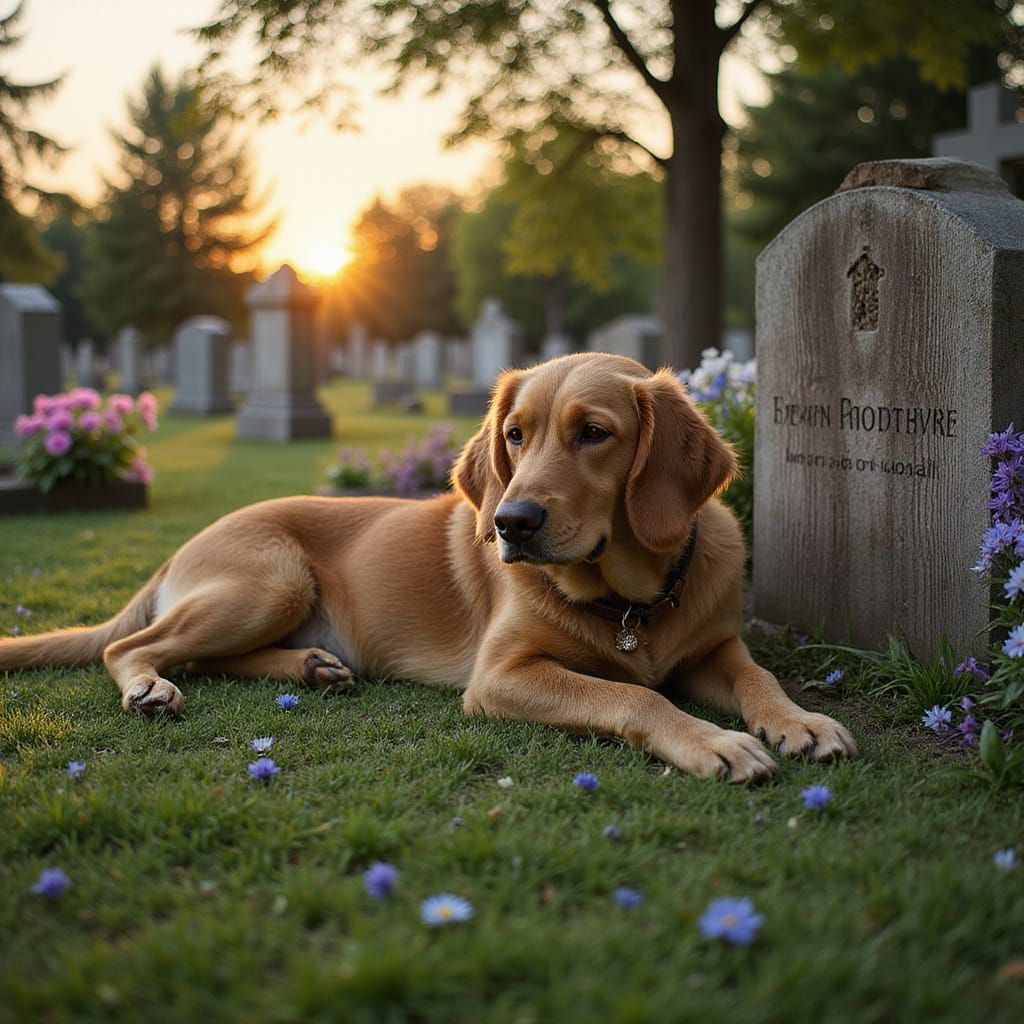Loyal Dog Sleeps by Master's Grave