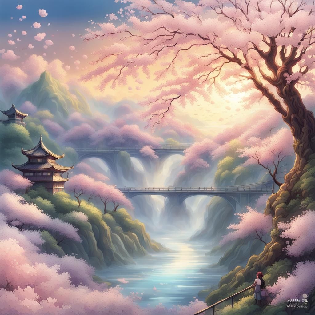 Ethereal Cherry Blossoms in Sunset, Anime-Inspired Digital A...