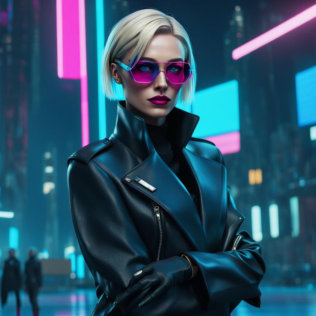 Cyberpunk Girl with Blonde Bob and Blue Eyes