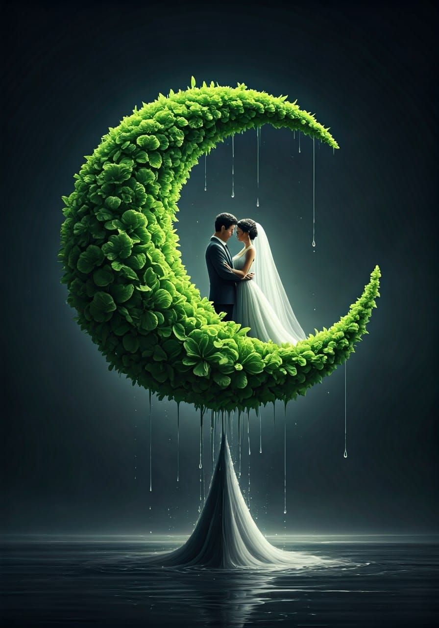 Green Flower Crescent Moon and Alien Spaceship