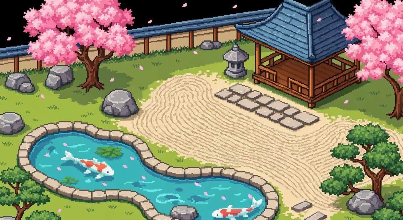 8-Bit Pixel Art Japanese Garden with Cherry Blossoms